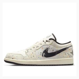 Nike Low SE Brushstroke Joggesko Air Jordan 1 Herre Hvite Svarte | JD-035QV