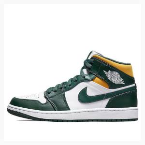 Nike Mid Basketsko Air Jordan 1 Herre Hvite Grønn Gul | JD-268QU