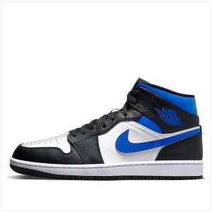 Nike Mid Basketsko Air Jordan 1 Herre Hvite Svarte Blå | JD-305QN