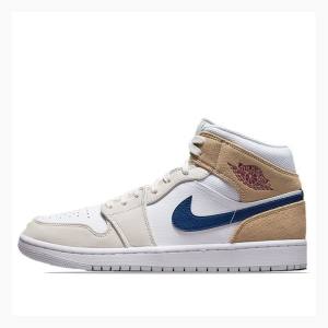 Nike Mid Basketsko Air Jordan 1 Herre Hvite Blå Beige | JD-642QD