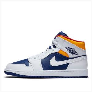 Nike Mid Basketsko Air Jordan 1 Herre Hvite Blå Oransje | JD-893XM