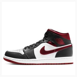 Nike Mid Basketsko Air Jordan 1 Herre Svarte Hvite Rød | JD-947CF