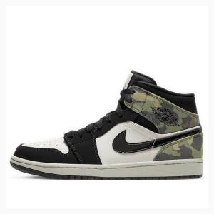 Nike Mid Camo Basketsko Air Jordan 1 Herre Svarte Hvite Grønn | JD-715RN