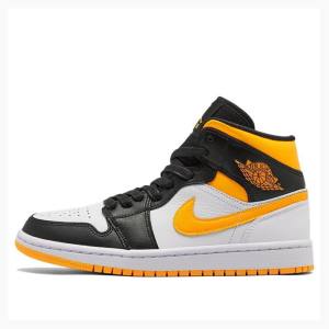 Nike Mid SE Basketsko Air Jordan 1 Dame Hvite Svarte Gul | JD-714UP