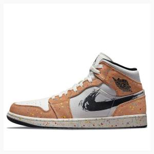 Nike Mid SE Brushstroke Basketsko Air Jordan 1 Herre Hvite Brune | JD-984IA