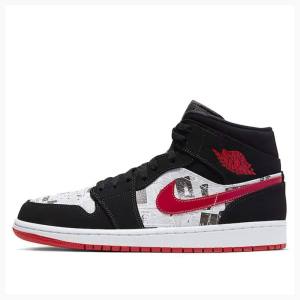 Nike Mid SE Newspaper Air Times Basketsko Air Jordan 1 Herre Svarte Hvite Rød | JD-649AH