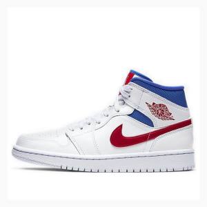 Nike Mid USA Basketsko Air Jordan 1 Dame Hvite Blå Rød | JD-710LC