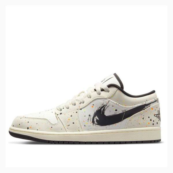 Nike Low SE Brushstroke Joggesko Air Jordan 1 Herre Hvite Svarte | JD-035QV