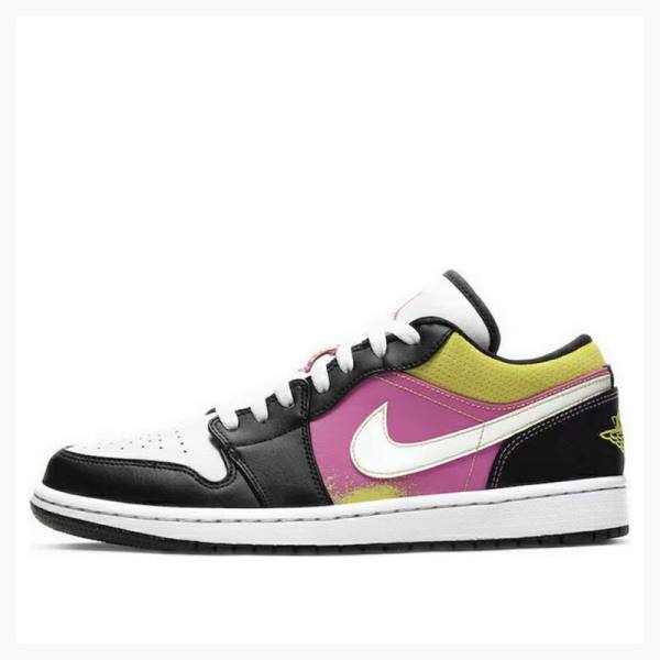 Nike Low Spray Paint Joggesko Air Jordan 1 Herre Svarte Lilla Gul | JD-084WX