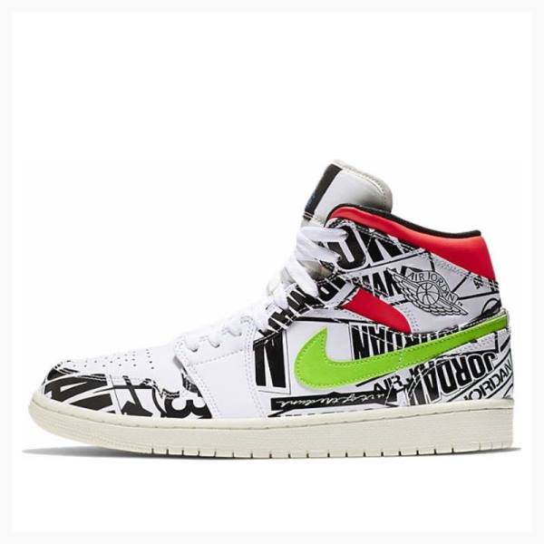 Nike Mid All-Over Logos Basketsko Air Jordan 1 Herre Svarte Hvite Rød Grønn | JD-613HW