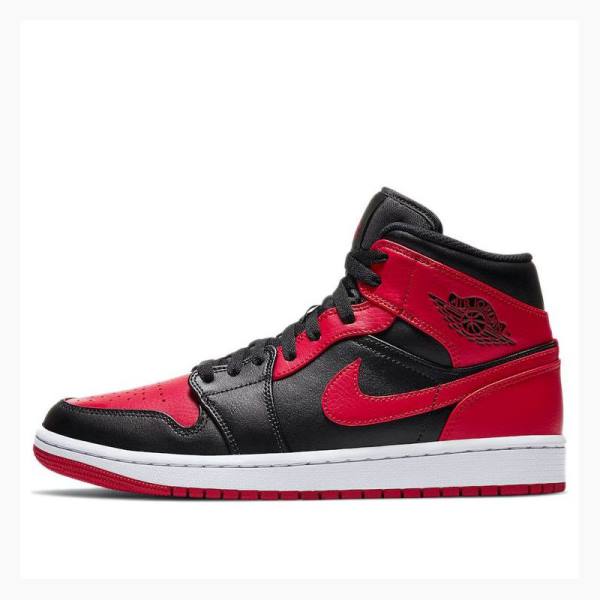 Nike Mid Bred Banned Basketsko Air Jordan 1 Herre Svarte Hvite Rød | JD-731JX