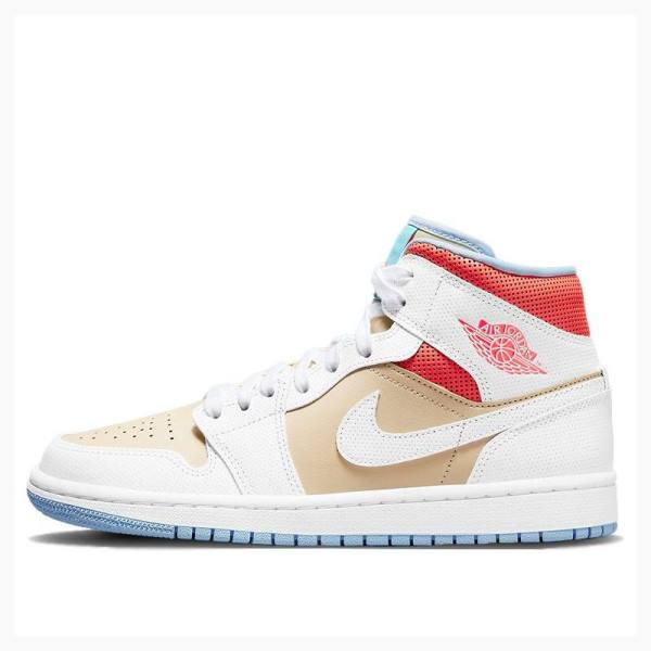 Nike Mid Sesame (W) Basketsko Air Jordan 1 Dame Hvite Rød Brune | JD-125NQ